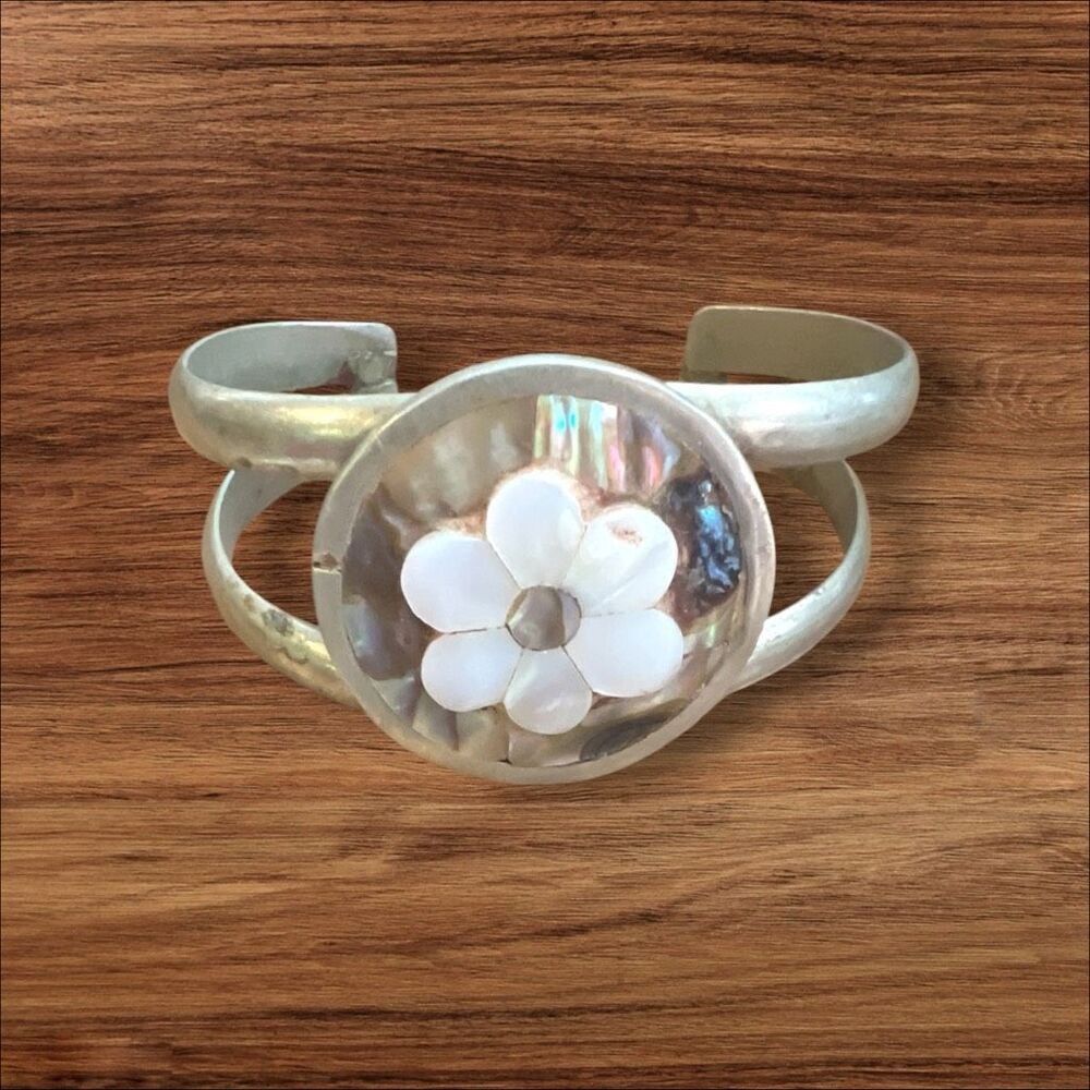 Vintage Mexico Mother of Pearl Flower Double Band Cuff Bracelet 6 Inch